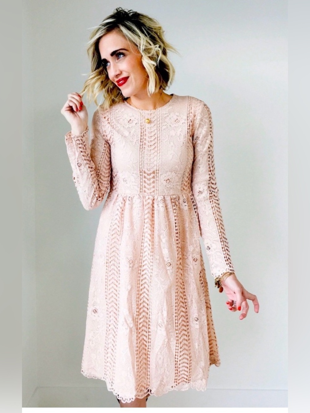 tea n rose Blush Lace Long-Sleeve Midi Dress Size Small Coquette Cottage Lace